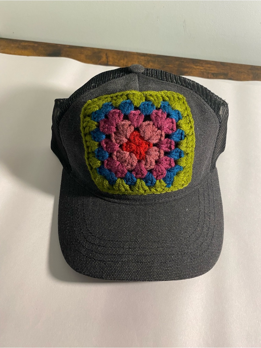 NWT Natural Life Black Trucker Hat with Crochet Granny Square